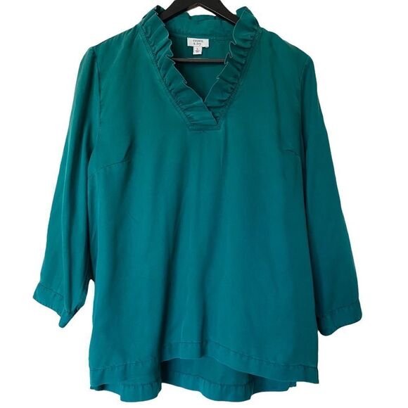 Green Ruffled V-Neck Long Sleeve Pullover Blouse - Picture 1 of 7